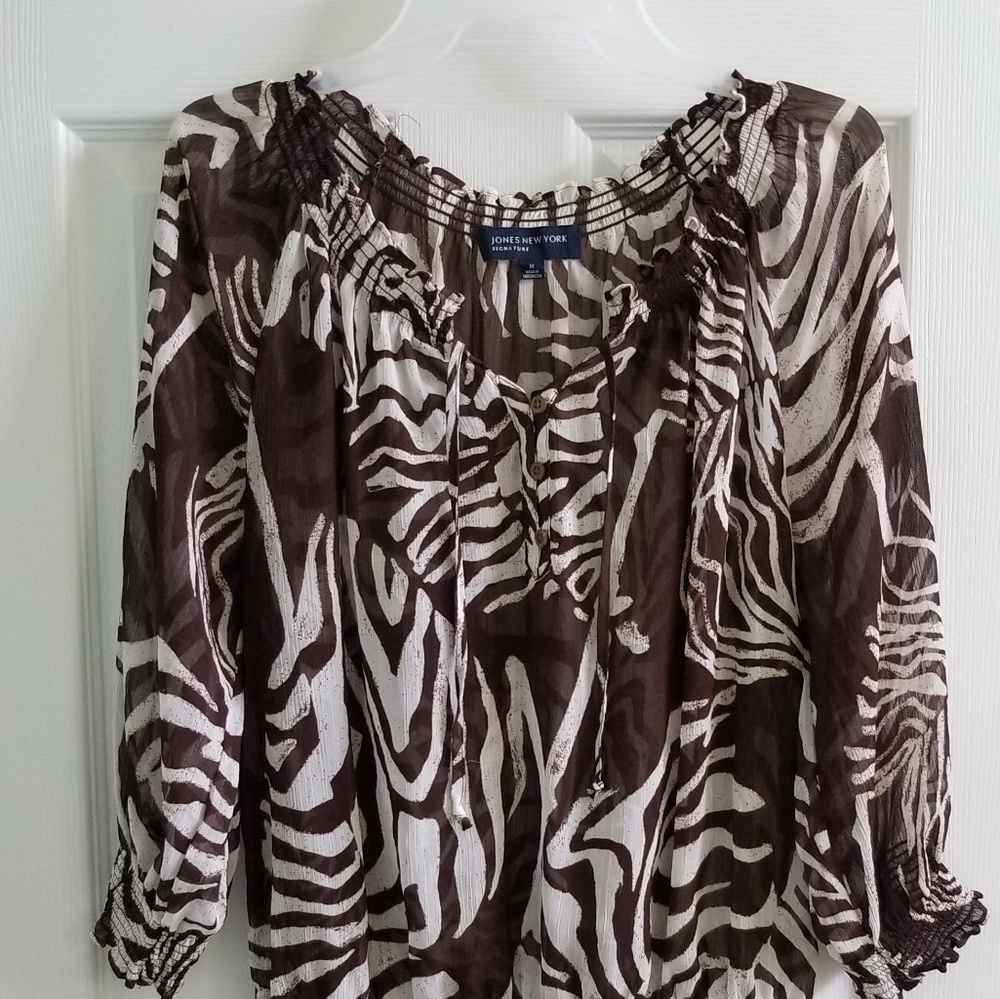 Brown zebra print sheer Jones New York top